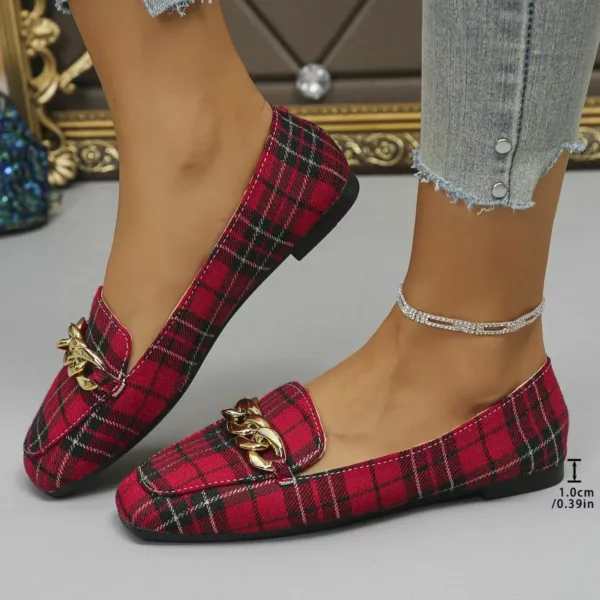 Mocassin femme à carreaux chaîne dorée – Image 2