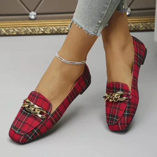 Mocassin femme à carreaux chaîne dorée