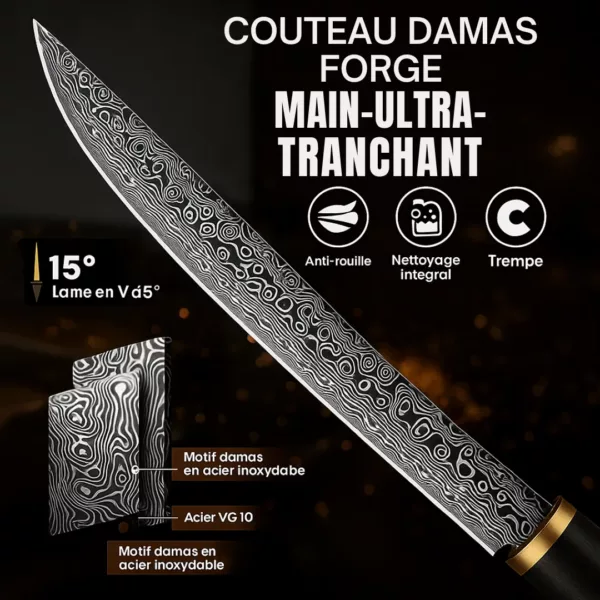 Couteau japonais manche noir damas – Image 2