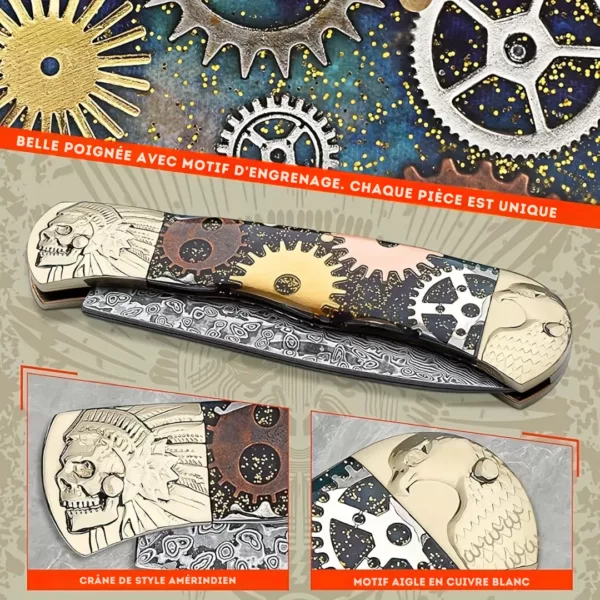 Couteau pliant damas style steampunk – Image 3