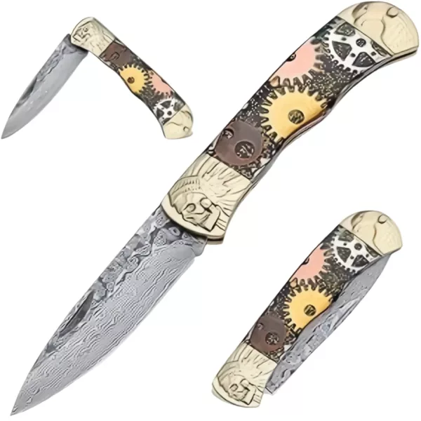 Couteau pliant damas style steampunk