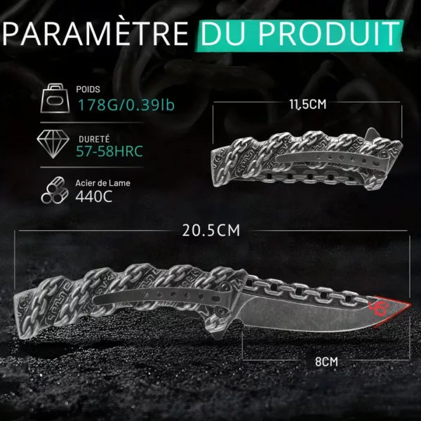 Couteau pliant design chaîne acier – Image 3