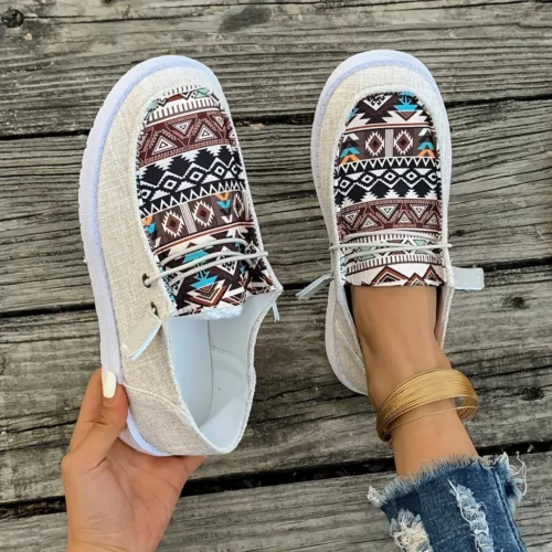 Mocassin femme imprimé ethnique à lacets