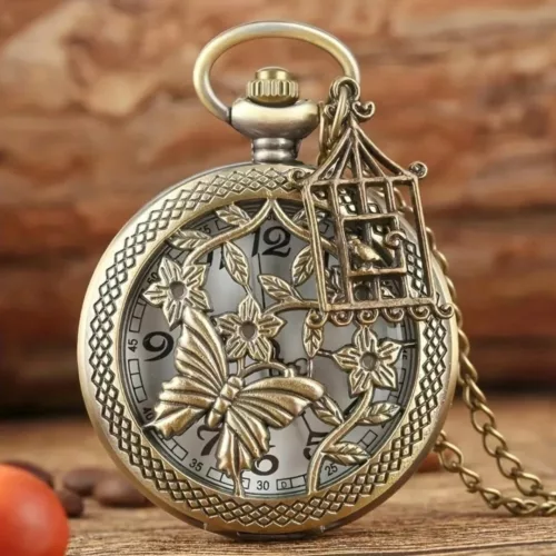 Montre à gousset papillon et cage vintage – Élégance rétro pour un style unique et raffiné
