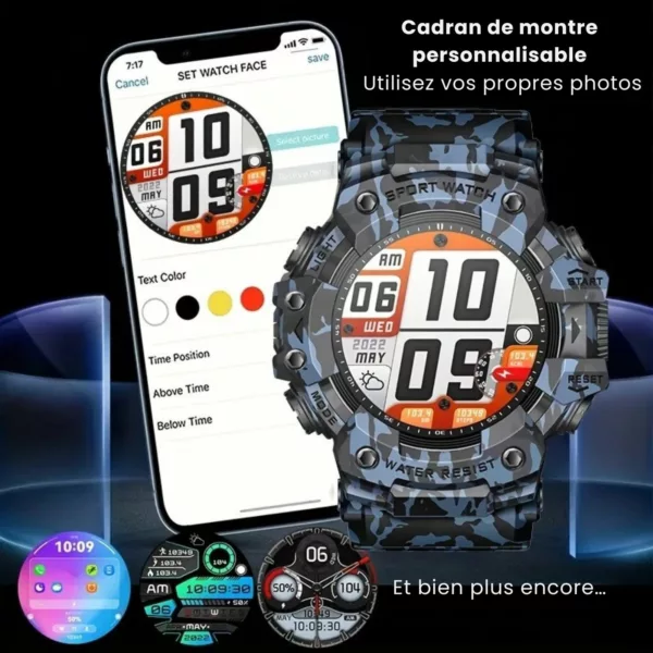 Montre militaire connectée camouflage LED – Résistante, multifonction et étanche pour aventures extrêmes – Image 11