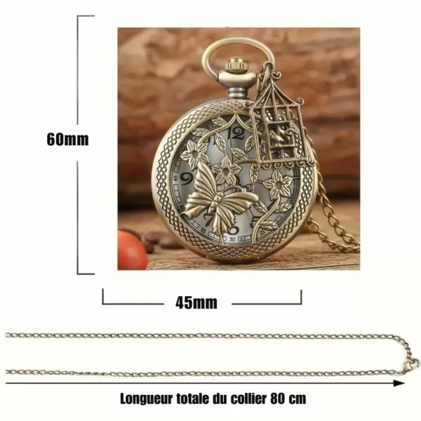 Montre à gousset papillon et cage vintage – Élégance rétro pour un style unique et raffiné – Image 3