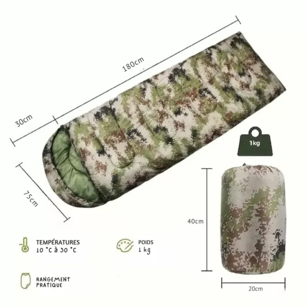Sac de couchage camouflage léger compressible – Chaud, compact et idéal bivouac ou randonnée survie – Image 6