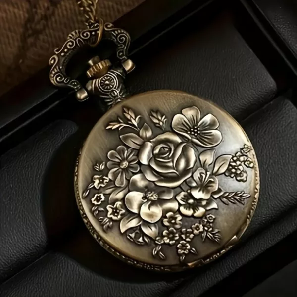 Montre à gousset rose florale vintage – Élégance rétro intemporelle pour un style romantique et raffiné – Image 2