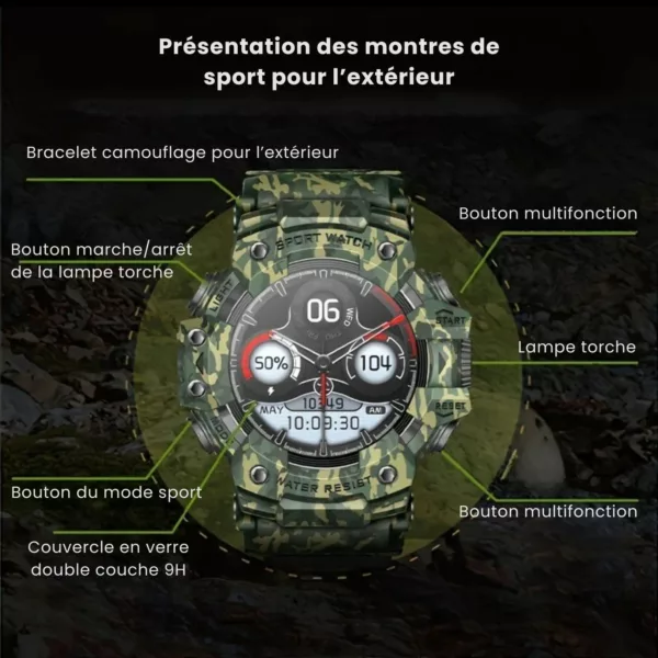 Montre militaire connectée camouflage LED – Résistante, multifonction et étanche pour aventures extrêmes – Image 7