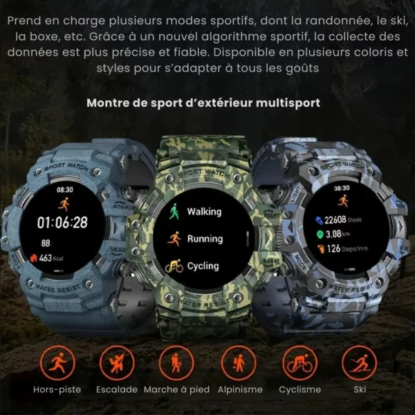 Montre militaire connectée camouflage LED – Résistante, multifonction et étanche pour aventures extrêmes – Image 8