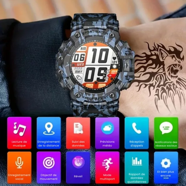 Montre militaire connectée camouflage LED – Résistante, multifonction et étanche pour aventures extrêmes – Image 9
