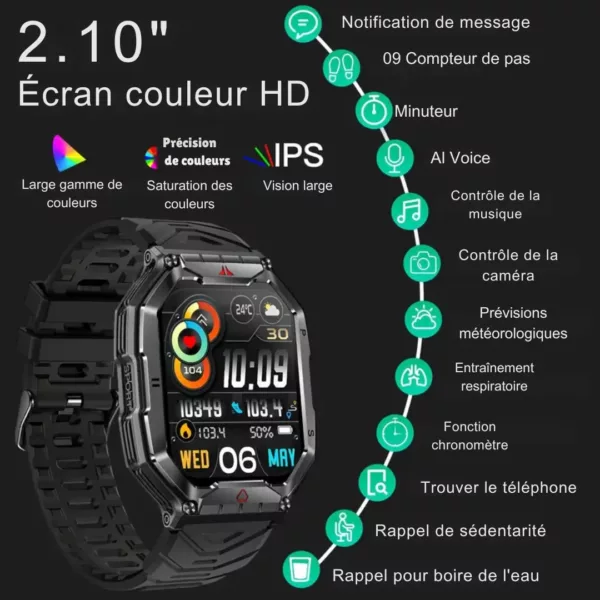 Montre militaire gps connectée 2.1 pouces – Ultra résistante, étanche, suivi santé & localisation précise – Image 5