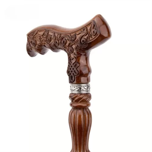 Canne bois sculpté floral celtique