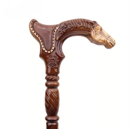 Canne poignée cheval sculpté bois