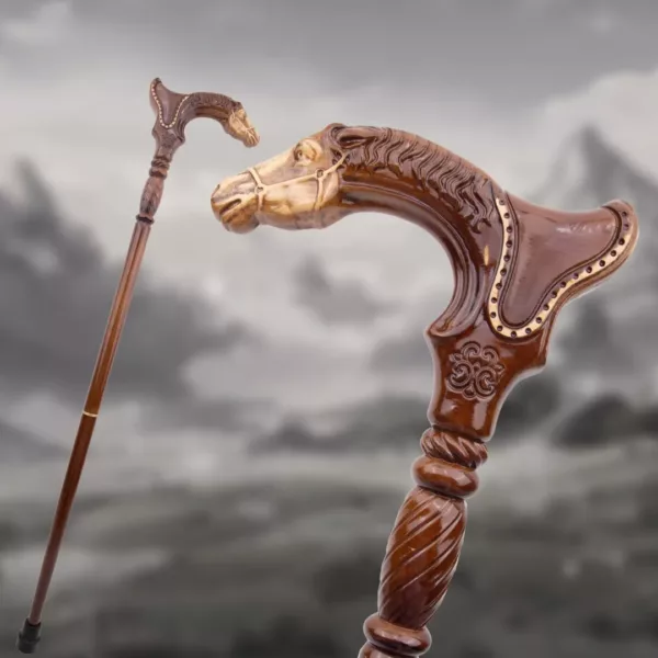 Canne poignée cheval sculpté bois – Élégance vintage et soutien raffiné pour marche confortable – Image 2