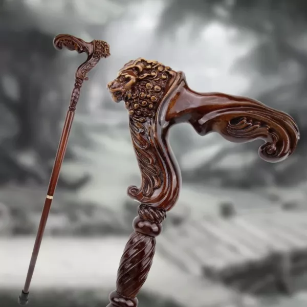 Canne sculptée tête de lion rétro – Accessoire élégant et robuste pour allure noble et distinguée – Image 2