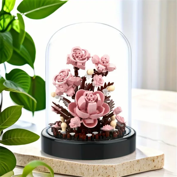 Lego orchidée roses sous cloche transparente