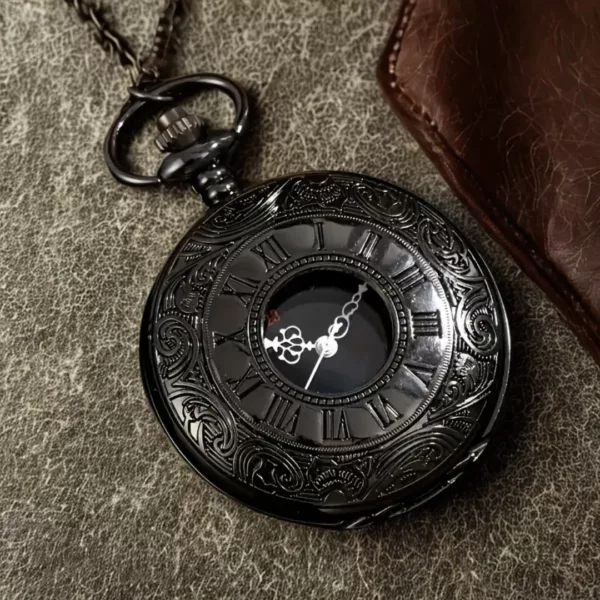 Montre à gousset motif romain noir – Élégance vintage pour un style rétro chic intemporel – Image 2