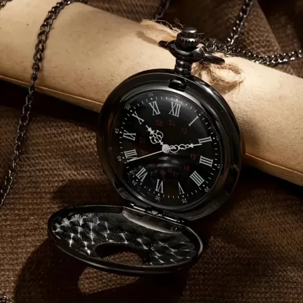 Montre à gousset motif romain noir – Élégance vintage pour un style rétro chic intemporel – Image 5