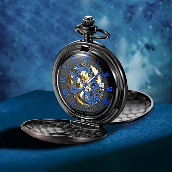 Montre à gousset squelette bleue vintage – Élégance rétro et mécanisme apparent pour un style unique – Image 2