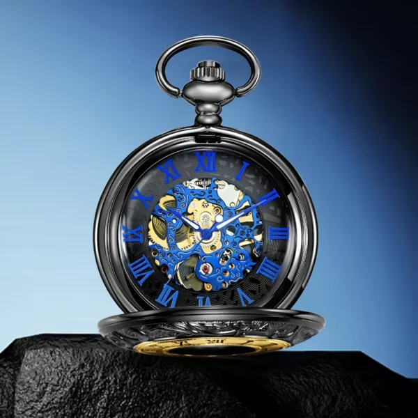 Montre à gousset squelette bleue vintage – Élégance rétro et mécanisme apparent pour un style unique – Image 7