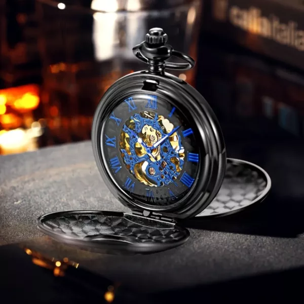 Montre à gousset squelette bleue vintage – Élégance rétro et mécanisme apparent pour un style unique – Image 8