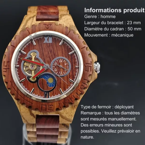 Montre bois homme tourbillon lune – Élégance naturelle et mécanisme apparent pour un style unique et raffiné – Image 4