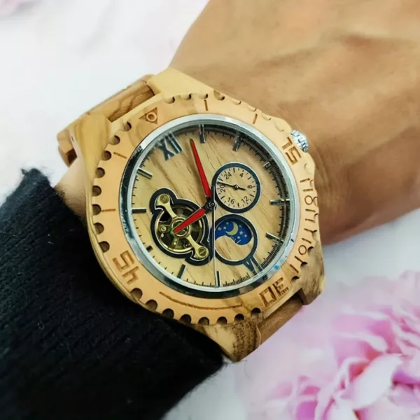 Montre mécanique bois bracelet tressé – Élégance artisanale au poignet, look naturel et raffiné – Image 2