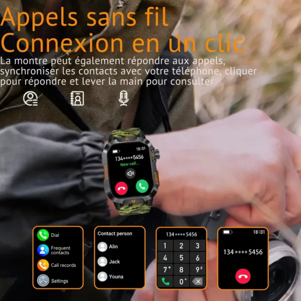 Montre militaire connectée écran HD – Ultra résistante, GPS, suivi santé et appels – Idéale sport et aventure – Image 4