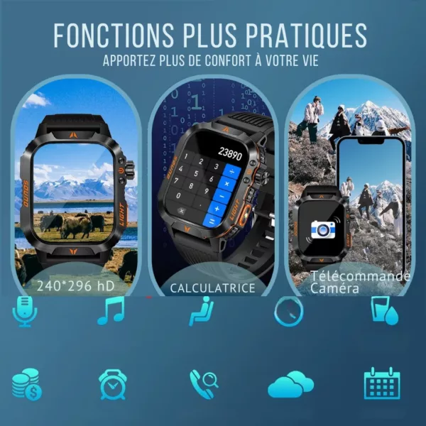 Montre militaire connectée écran HD – Ultra résistante, GPS, suivi santé et appels – Idéale sport et aventure – Image 5