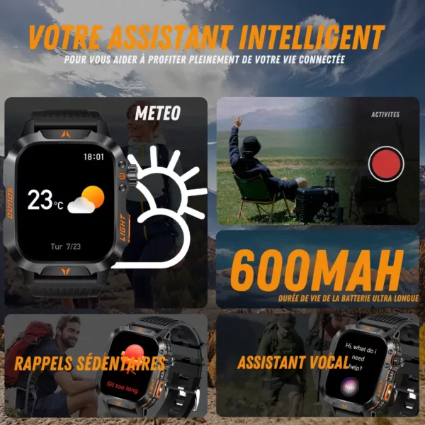 Montre militaire connectée écran HD – Ultra résistante, GPS, suivi santé et appels – Idéale sport et aventure – Image 6