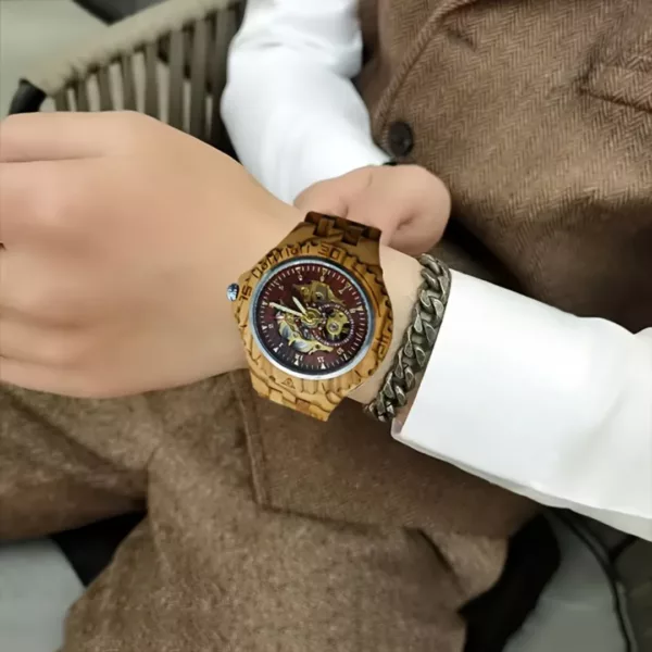 Montre squelette bois homme rétro – Élégance vintage et mécanisme visible – Style unique et raffiné – Image 9