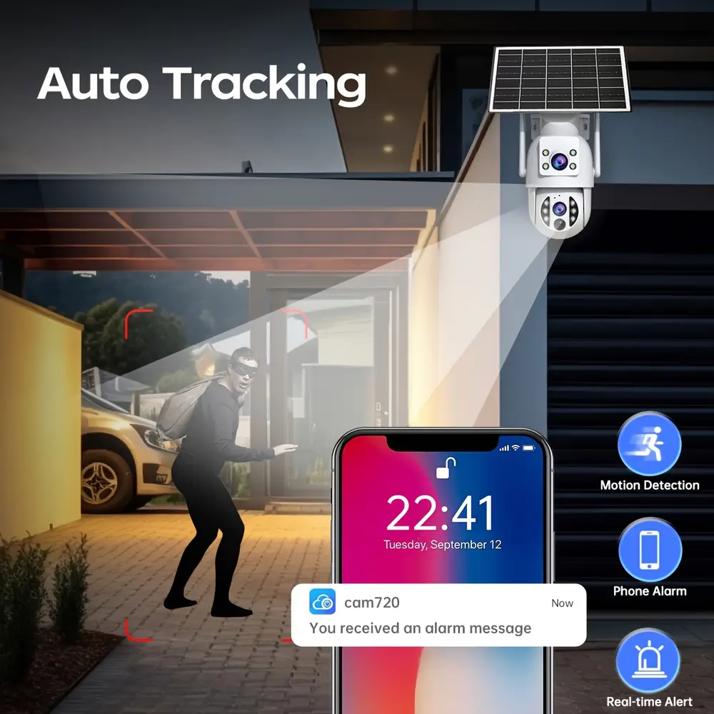 Caméra de sécurité extérieure solaire 1296P PTZ avec vision nocturne couleur