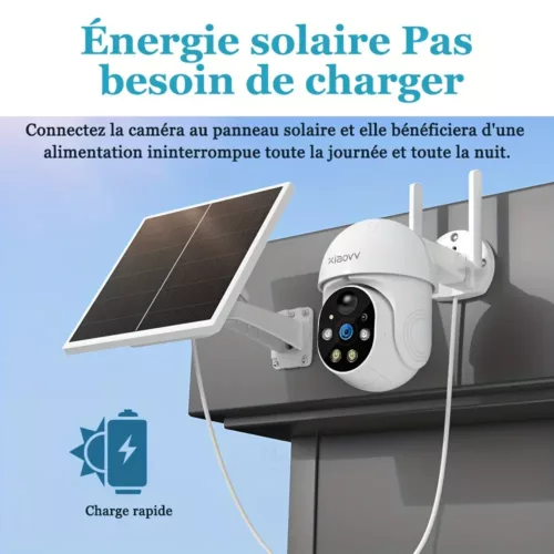 Caméra de surveillance extérieure sans fil solaire 1080p avec vision nocturne HD