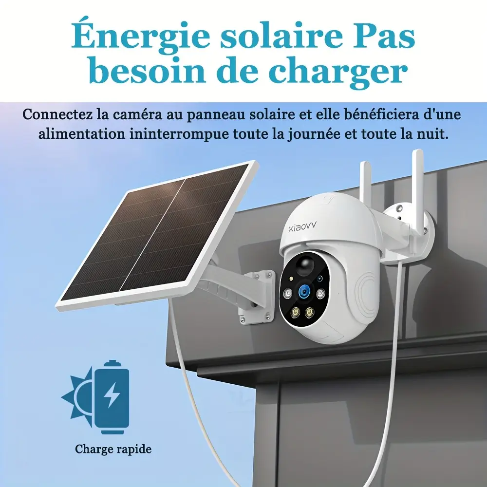 Caméra de surveillance extérieure sans fil solaire 1080p avec vision nocturne HD