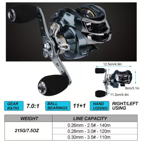 Moulinet baitcasting haute vitesse 7.0:1 avec frein magnétique pour eau douce ou salée