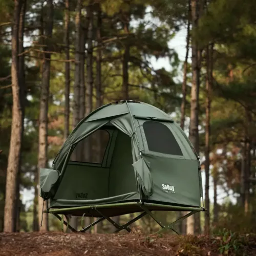 Lit de camping pliant double – structure acier, toile résistante, pour 2 personnes