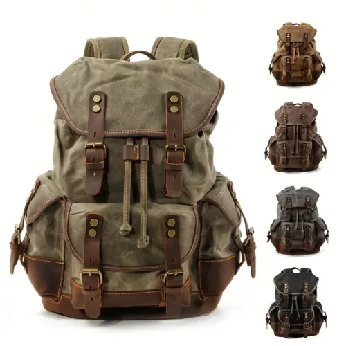Alternative view of Sac à dos vintage homme toile coton et cuir – style rétro robuste 30L kaki