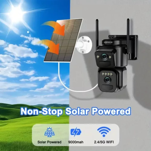 Caméra solaire WiFi 1080P avec zoom 10x, vision nocturne couleur et détection 360°