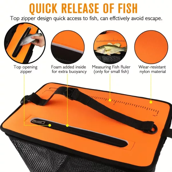 Panier de pêche flottant pliable avec filet à séchage rapide et poignée renforcée