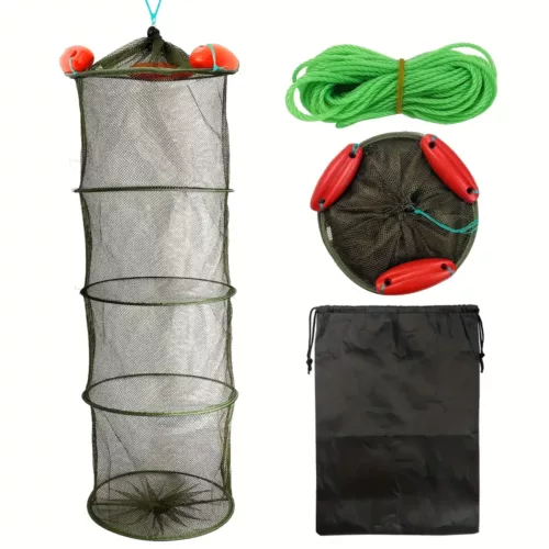 Panier de pêche pliable en nylon avec filet résistant et ancrages métalliques