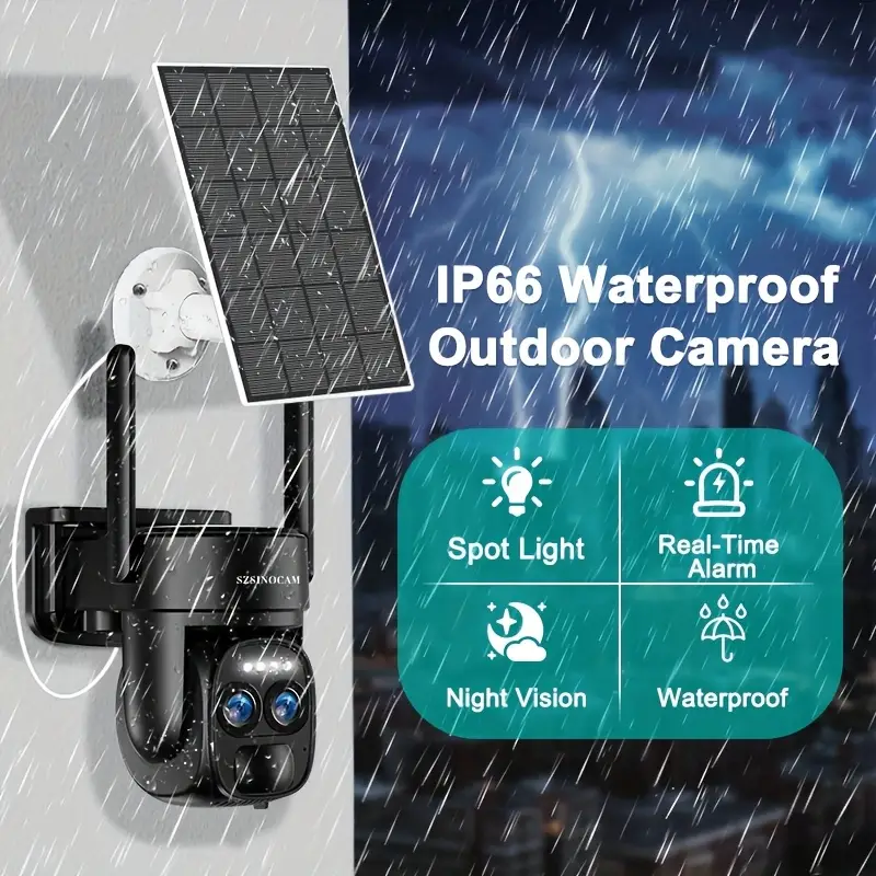 Caméra de surveillance extérieure solaire 360° avec double objectif et audio HD