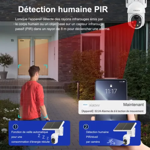 Caméra de surveillance extérieure sans fil solaire 1080p avec vision nocturne HD
