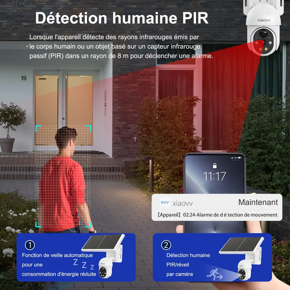 Caméra de surveillance extérieure sans fil solaire 1080p avec vision nocturne HD