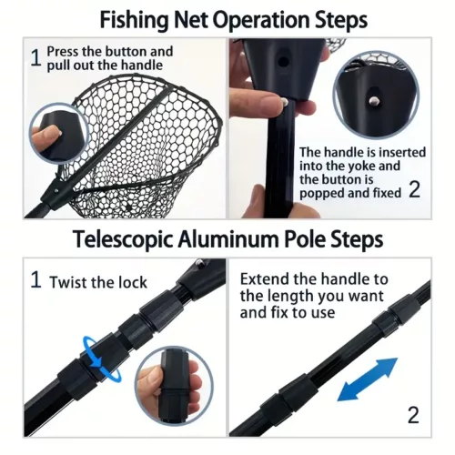 Epuisette de pêche en aluminium pliable avec filet silicone anti-accrocs