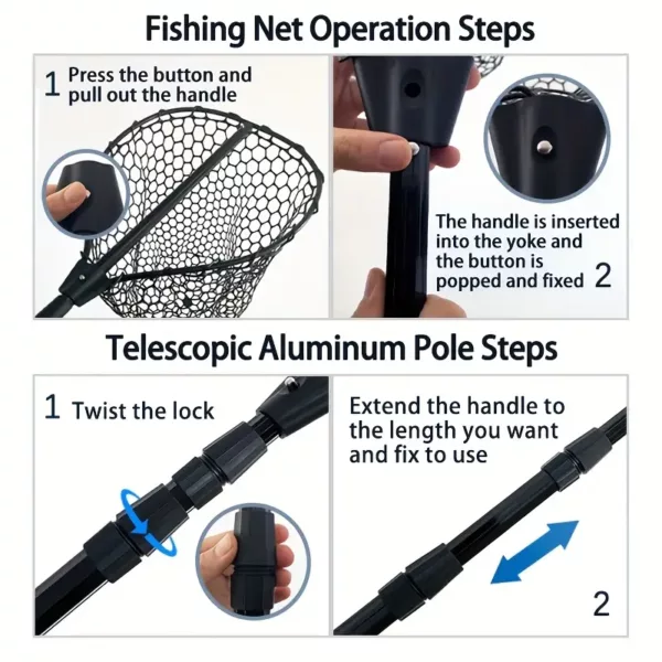 Epuisette de pêche en aluminium pliable avec filet silicone anti-accrocs