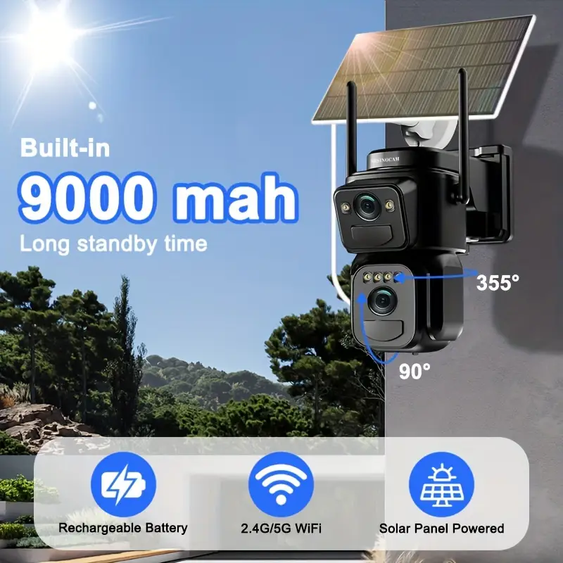 Caméra solaire WiFi 1080P avec zoom 10x, vision nocturne couleur et détection 360°