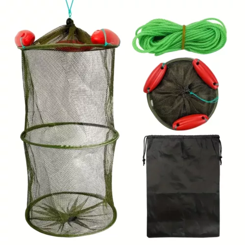 Panier de pêche pliable en nylon avec filet résistant et ancrages métalliques