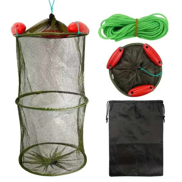 Panier de pêche pliable en nylon avec filet résistant et ancrages métalliques