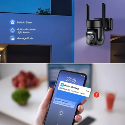 Caméra de surveillance extérieure solaire 360° avec double objectif et audio HD